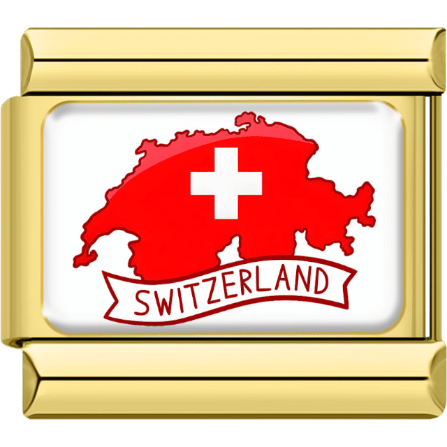 Italian charm with a gold border featuring the map of Switzerland in solid red with a bold white cross, and a banner reading “Switzerland.”